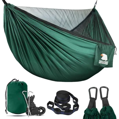 Productafbeelding van Hangmat voor buiten met muggennet, 290x140 cm, groen, draagvermogen 350 kg, geschikt voor 2 personen, ultralicht, ideaal voor kamperen, tuinieren en overleven in de natuur
