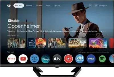 A television screen displaying a streaming service interface with movie posters and app icons.