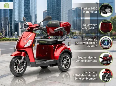 Produktbild von Seniorenmobil P1000, Lithium-Akku, 25 km/h, 1000 Watt, Rot