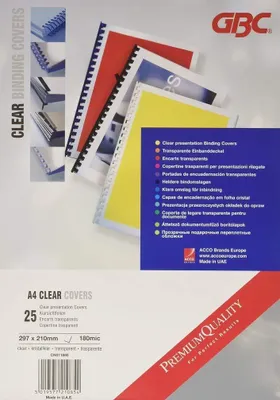 Produktbild von GBC HiClear Abdeckfolie A4 PVC 180 Micron, klar (25), A4, PVC, Transparent, 0,18 mm, 210 mm, 298 mm