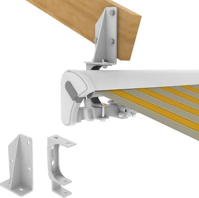 A close-up view of awning mounting hardware attached to a wooden beam, with additional mounting brackets shown separately.