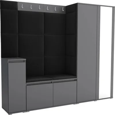 Produktbild von Garderoben-Set Noris VIII mit Spiegel, gepolsterte Garderobe 145 cm mit Schuhkommode, Wandpaneelen und Sitzbank (Farbe: Anthrazit+ Trinity 16)