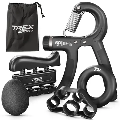 A set of hand exercise equipment is displayed on a white background.