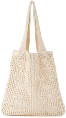 Obrázok produktu pre Uniqoos® Veľká, ručne vyrobená kabelka cez rameno s pleteným vzorom, vyrobená z bavlny a elastického polyesteru, rozmer 41 cm x 36 cm, rúčkový popruh 22 cm, bez podšívky – ideálna na každodenné použitie a na pláž
