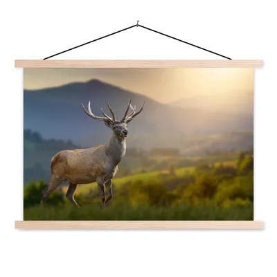 Produktbild von MuchoWow® Textilposter Hirsche - Berg - Gras - Sonnenuntergang - Tiere - Natur 60x40 cm mit holzfarbenen Rahmen - Bilder