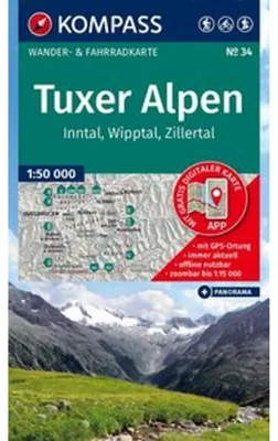 Obrázok produktu pre Turistická mapa KOMPASS 34 Tuxer Alpen, Inntal, Wipptal, Zillertal 1:50 000