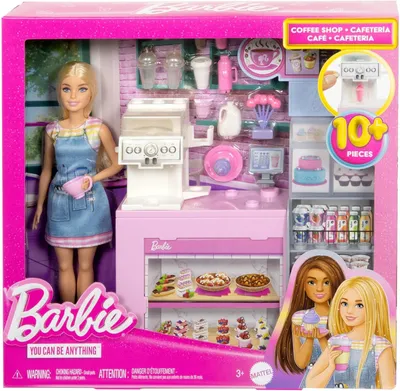 Produktbild von Barbie Naschcafé Spielset mit blonder Barista-Puppe, funktionierender Kaffeemaschine und über 10 Zubehörteilen, Modepuppe, Weiblich, 3 Jahr(e), Mädchen, 295,9 mm, 424 g