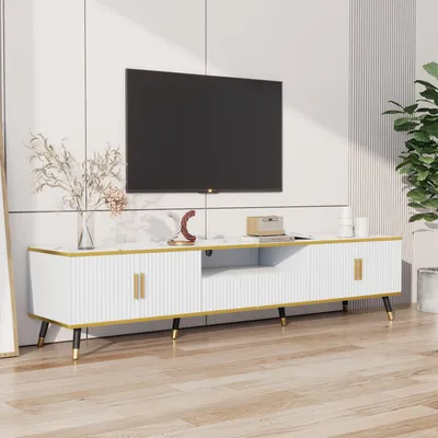Immagine prodotto di okwish Mobile TV moderna con finitura effetto marmo, mobile TV, per televisori fino a 90 pollici, con tre cassetti e un vano per il passaggio dei cavi - bianca