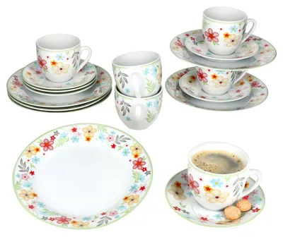 Produktbild von 18tlg Kaffeeservice Variant Blümchen Porzellan 6 Pers. Tasse Untertassen Teller