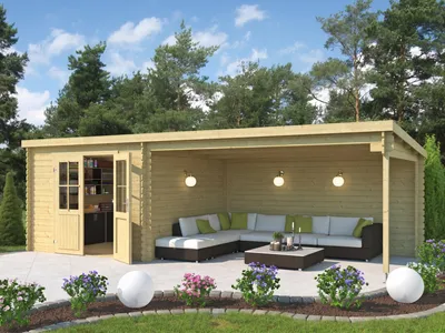 Produktbild von Lasita Gartenhaus Naturbelassen 280 x 280 cm Blockbohlenhaus St Louis Exklusiv 28 mm mit 4 m Anbau, Fichte Flachdach, Doppeltür, Nut Feder, Gartenhaus mit Anbau