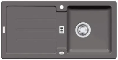 A top-down view of a gray kitchen sink with a drainer and a main basin.