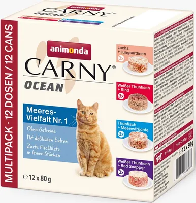 A multipack box of Animonda Carny Ocean cat food, featuring images of the different flavors and a cat.