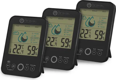 Three black digital weather stations are displayed side-by-side on a white background.