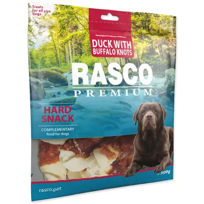Obrázek produktu pro Pochoutka Rasco Premium buvolí kůže s kachním, uzly 5cm 500g