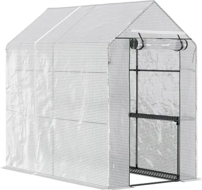 Image de Outsunny Serre de jardin PE avec étagère 2 niveaux, serre de balcon, bâche renforcée 140 g/m², châssis en acier, porte zippée enroulable, pour légumes plantes fleurs, 186 x 120 x 190 cm, blanc