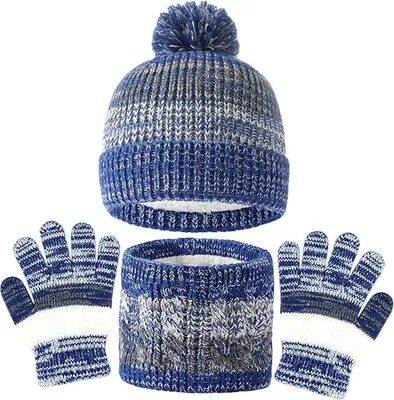 Produktbild von 3 in1 Kinder Wintermütze Schal Handschuhe Set-– Warme Strickmütze, Winterschal mit Fleecefutter, Handschuhe, für Junge Mädchen 4-10 Jahre