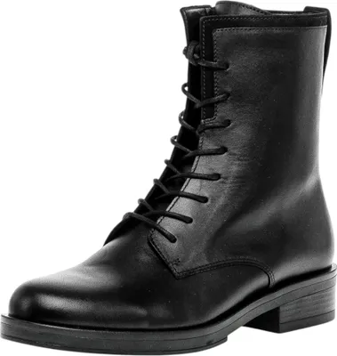 A black leather lace-up boot is shown against a white background.