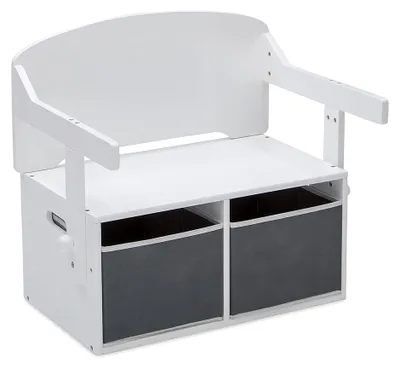Image de Banc, bureau et organisateur pour enfants, 3 en 1 avec espace de rangement, en blanc et gris