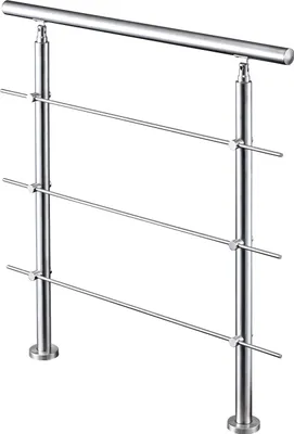 A stainless steel handrail with three horizontal bars, mounted on two vertical posts.