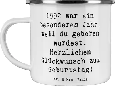 Produktbild von Mr. & Mrs. Panda Pott Spruch 1992 Geburtstag - Weiß - Geschenk, Geburtstagswünsche, Glückwunsch, Emaille Becher, Geburtstagsgruß, Alter, Happy Birthday, Erinnerungen