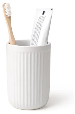 Immagine prodotto di Porta spazzolini in Vetroceramica, 420 ml, bianco a righe. Tazza da bagno per spazzolino e dentifricio