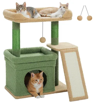 Image de Arbre à gratter pour chats - Tour d'escalade de 69 cm - 3 niveaux - Surface de repos confortable en haut - Cachette - Tige à gratter en sisal et tapis à gratter - Idéal pour les chats d'intérieur - Vert