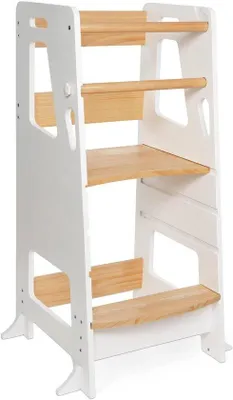 Immagine prodotto di Torre didattica/di osservazione Montessori in legno - torre per gattonare per bambini - 3 altezze regolabili, superficie antiscivolo, piedini antiribaltamento (bianco)