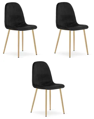Image de Chaise - Leobert - Padva - Velours Noir/Pieds Chêne - 44,5 X 53 X 87 Cm - Lot De 3