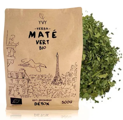 Imagen del producto de YVY MATÉ – Yerba Mate Verde Biológico 500 g – sin humo, sin tallos, suave y poco amarga, similar al té verde – energía natural