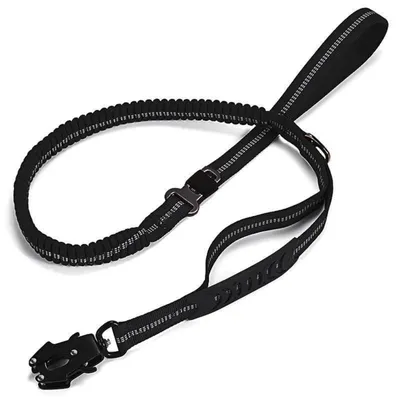 Produktbild von Taktische Hundeleine mit Schnellverschluss-Karabiner, reflektierend, Auto-Sicherheitsgurt, elastischer Ruckdämpfer, Schwarz