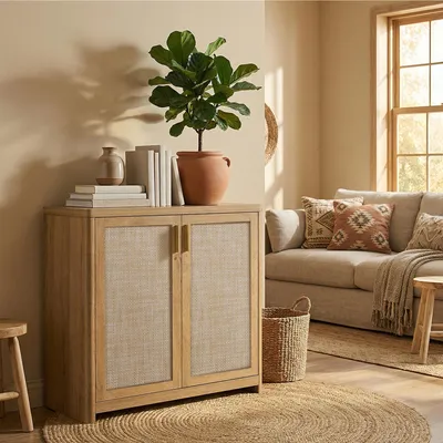 Produktbild von VASAGLE Küchenschrank im Boho-Stil, Türen Rattan-Optik, Sideboard, verstellbare Ablage, Wohnzimmer, braun