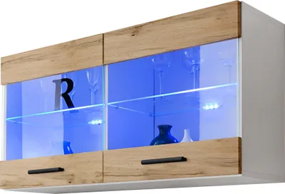A wall-mounted cabinet with glass doors and internal blue lighting.