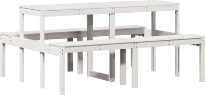 A white wooden picnic table with benches, shown from a slightly elevated side angle against a white background.