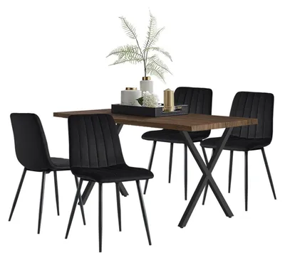 Obrázek produktu pro Jídelní stůl Essgruppe, rozměry 140x80 cm, se 4 židlemi. Obdélníkový kuchyňský stůl s dřevěnou deskou a kovovými nohami ve tvaru "X". Sada 4 sametových jídelních židlí, barva černá, hnědá