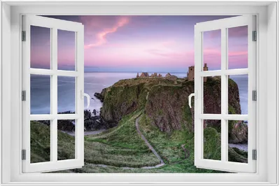 Produktbild von Wallario Wandbild mit Fenster-Illusion: Schloss am Meer, Größe: 61 x 91,5 cm, Poster mit weißem Aluminiumrahmen