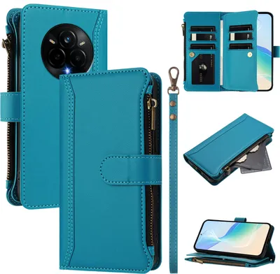Image de Étui pour Realme 14 Pro, avec fermeture éclair, étui à rabat en cuirPolyuréthaneavec poches pour cartes, support et boucle pour les mains Lake blue