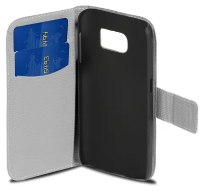 A gray flip case for a smartphone, open to reveal the phone slot and card holders.