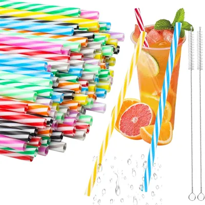 Image de Pailles réutilisables - Pailles de couleur avec 2 brosses de nettoyage - Pailles en plastique - Pailles rigides - Pailles résistantes à la chaleur, idéales pour les smoothies