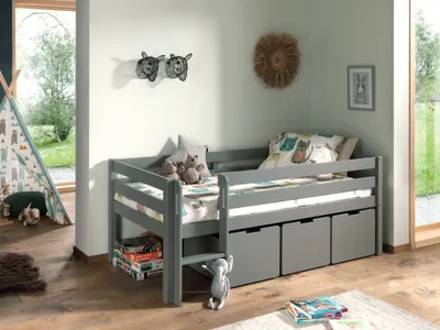 Produktbild von VIPACK Kojen-Spielbett mit Liegefläche 90 x 200 cm, inkl. Leiter, Rolllattenrost und 3 Schubkästen, Kiefer und MDF grau lackiert