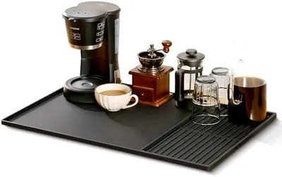 Produktbild von Abtropfmatte Geschirr, 40.5x61cm Unterlage Kaffeemaschine Matte Silikonmatte mit 19x40cm Abtropfmatte Spüle Trockenmatte Hitzebeständiges Rutschfeste, 2 en 1 Silikon Matte Unter Kaffe (Schwarz)