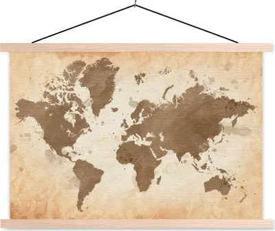 Produktbild von MuchoWow® Textilposter Weltkarte - Vintage - Erde 120x80 cm mit holzfarbenen Rahmen - Aufhängeset