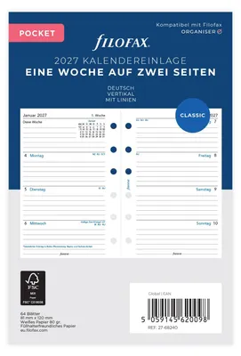 Produktbild von Filofax Kalendereinlage Pocket 1 Woche auf 2 Seiten vertikal deutsch 2027