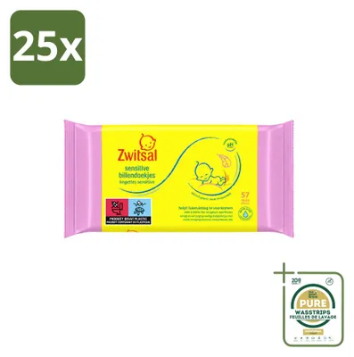 Productafbeelding van 25 pakken Zwitsal babydoekjes Sensitive voor de gevoelige huid, elk met 57 stuks - voordeelverpakking - 25 stuks per pak