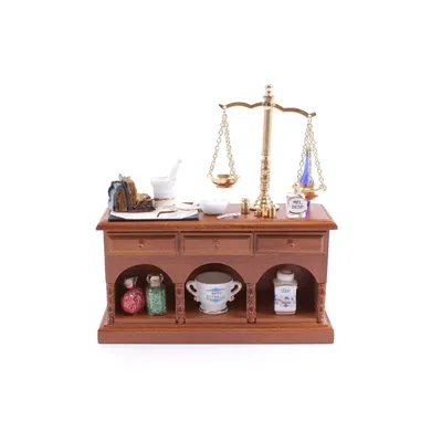 Produktbild von Apothekertisch Miniatur mit Zubehör für Puppenhaus Sammler