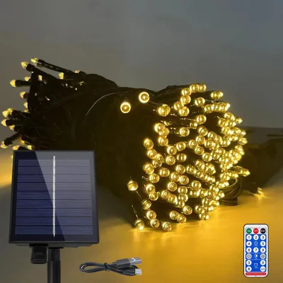 Produktbild von Solární pohádková světla venkovní 100m 1000LEDs solární vánoční světla teplé bílé světlo opona s 8 světelnými režimy paměťová funkce & časovač & USB IP44 vodotěsné pohádkové světla vnitřní-venkovní CEEDIR