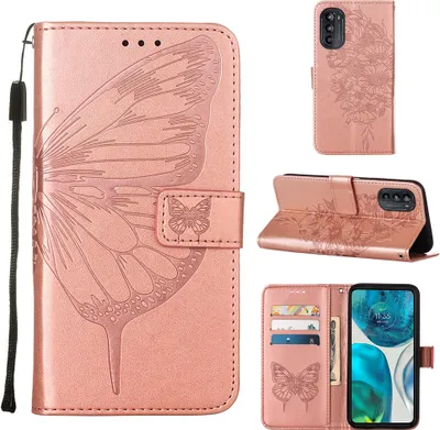Produktbild von Moto G52 Hülle, Schmetterling Prägung Flip Leder Kartenfächer Schutzhülle Ledertasche mit Ständer für Motorola Moto G52 Roségold