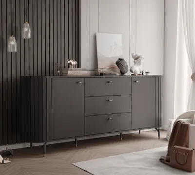 Produktbild von Zweitürige Kommode SENTO III 190 cm mit Schubladen und geriffelter Front Beinen Schwarz Große Sideboard