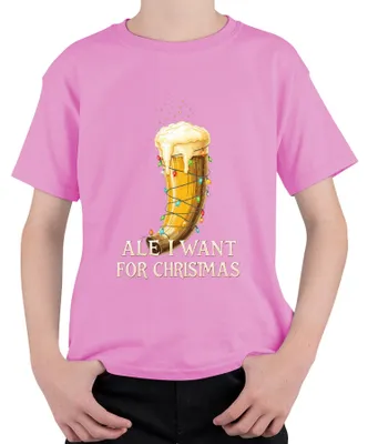 Produktbild von Ale I Want For Christmas Wikinger Trinkhorn Bier Geschenk lustig Kinder T-Shirt, Pink, 104