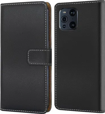 A black flip-style phone case for an OPPO Find X3 Pro is shown from two angles.