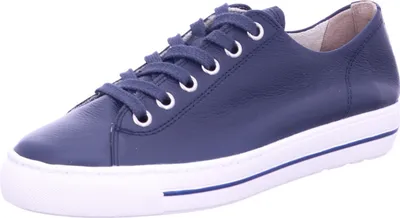 A studio shot of a single blue sneaker.